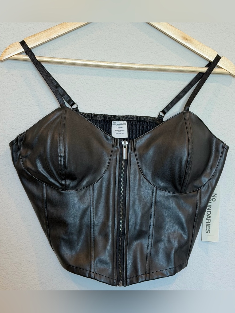 NWT No Boundaries Black Faux Leather Zip-Front Corset Bustier Top Size L (12/14)